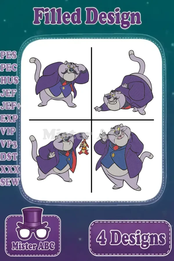 A collage of four distinct filled embroidery designs of Fat Cat, displaying various poses and expressions.