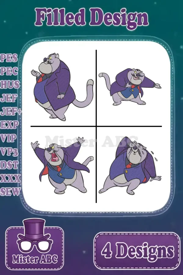 Four vibrant, filled embroidery designs featuring Pegleg Pete in different dynamic poses, ready for various formats.