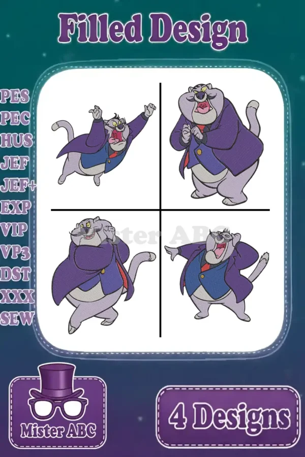 Four vibrant filled embroidery designs of Fat Cat from Chip 'n Dale Rescue Rangers in various dynamic poses.