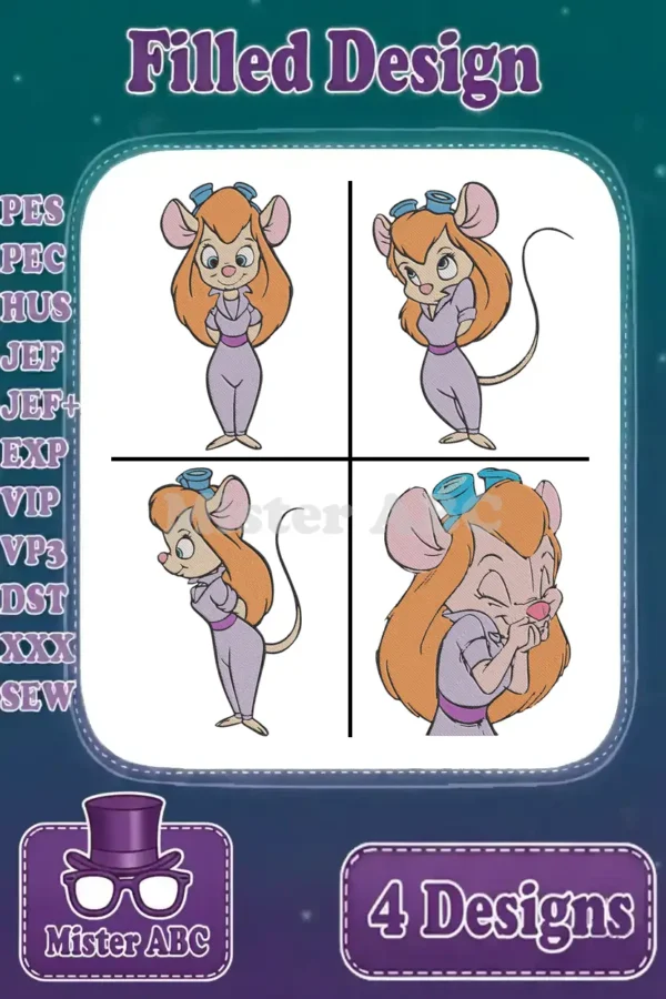 A vibrant collection of four filled embroidery designs featuring Gadget Hackwrench in various charming poses.