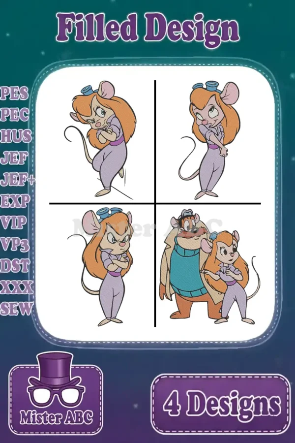 Four vibrant filled embroidery designs of Gadget Hackwrench and Zipper, showcasing various poses and expressions.