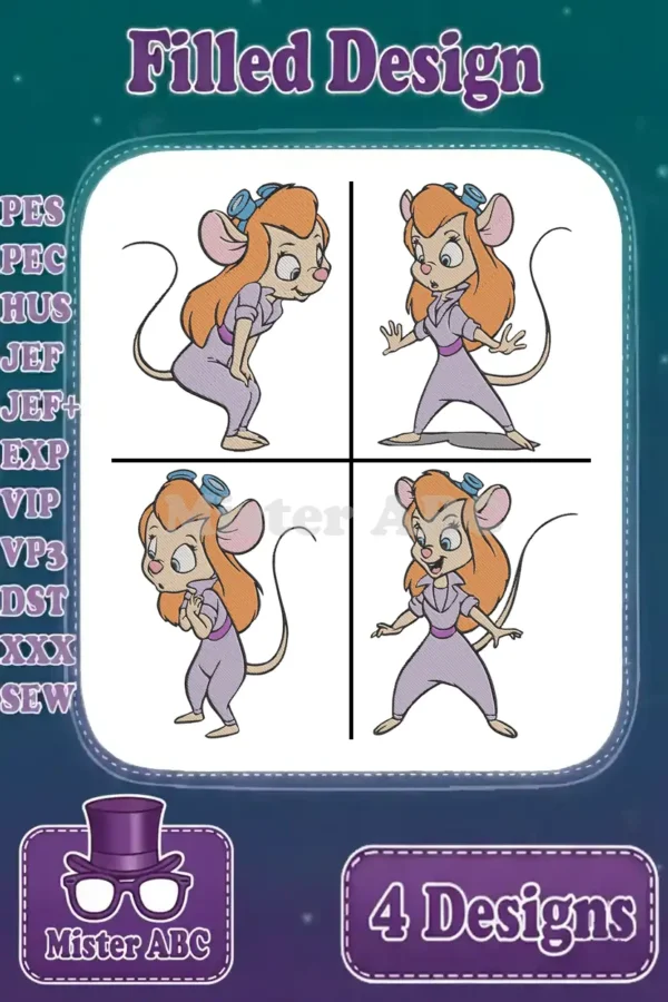 A vibrant main image featuring four distinct filled embroidery designs of Gadget Hackwrench in various poses.