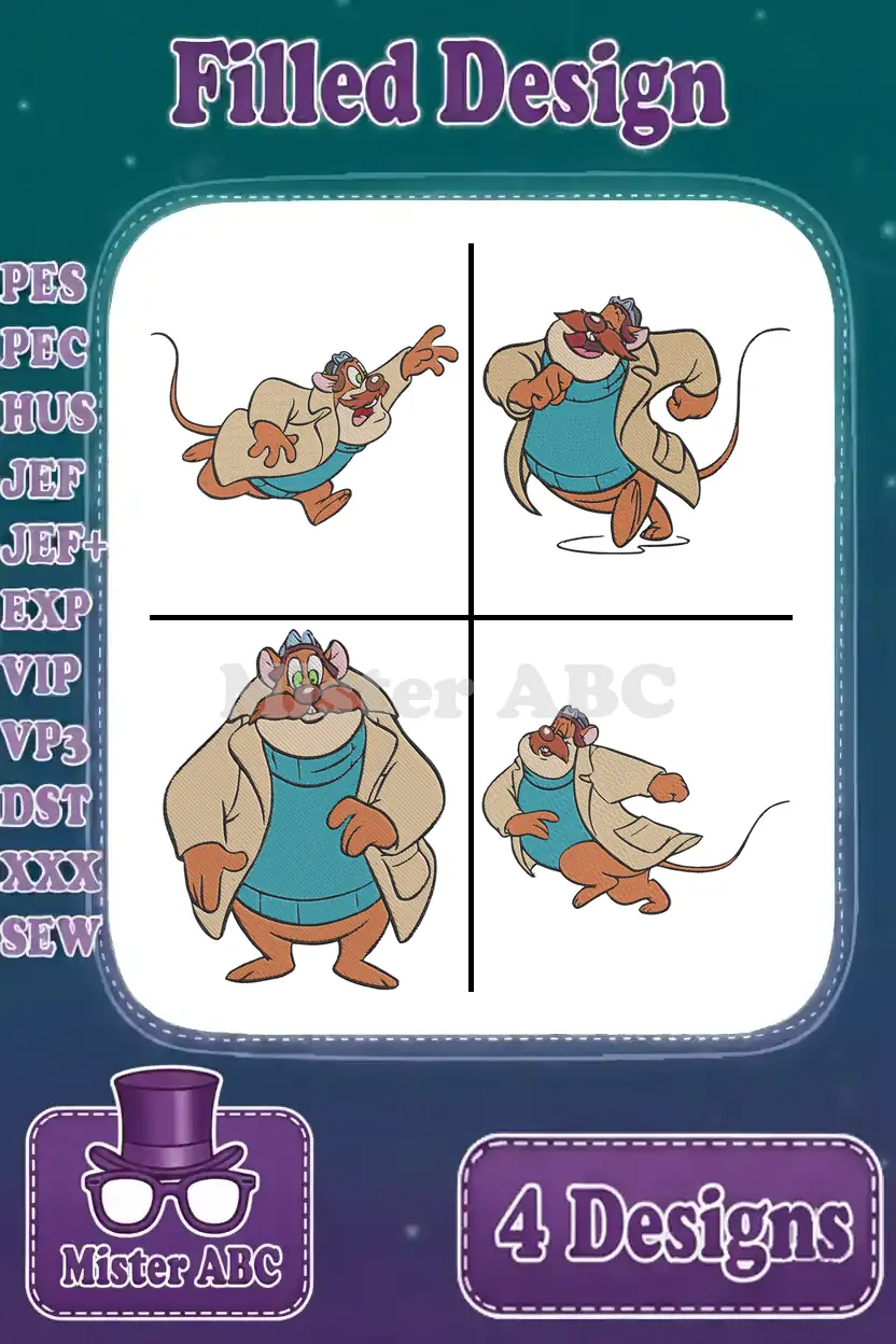 Four vibrant, filled embroidery designs featuring Basil of Baker Street in dynamic poses, ready for your next project.