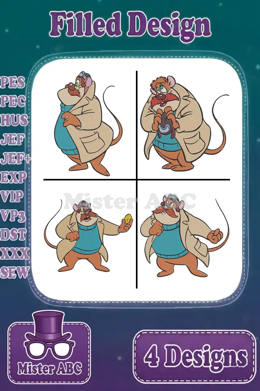 A vibrant main image displaying four distinct filled embroidery designs of a charming detective mouse, ready for various projects.