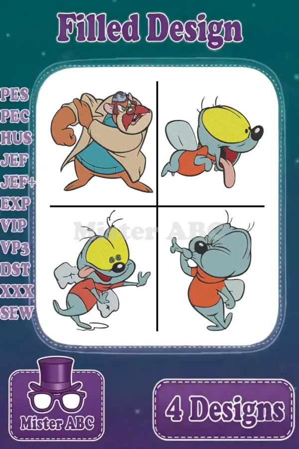 Four colorful filled embroidery designs: Dr. Screwball Jones and three unique poses of Chikn, ready for stitching.