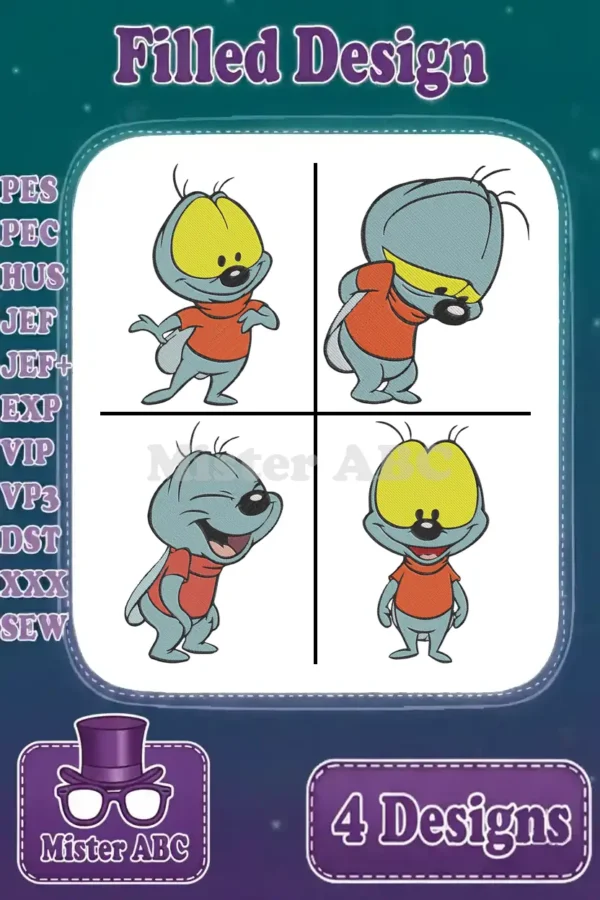 A vibrant main image showcasing four unique filled embroidery designs of the adorable cartoon character Chad.
