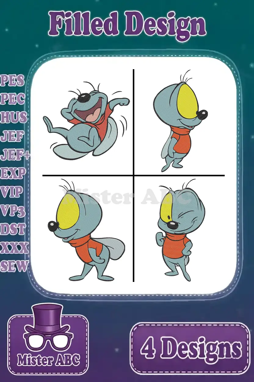Main product image showing four filled embroidery designs of Sniffles the Mouse in various happy poses, with file formats listed.