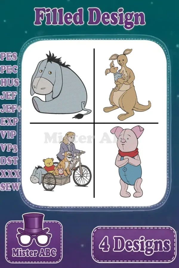 A vibrant main image displaying four filled machine embroidery designs: Eeyore, Kanga & Roo, Christopher Robin with Pooh, Tigger, and Eeyore on a bike, and Piglet.