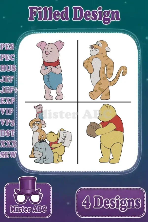 Main product image displaying four filled embroidery designs: Piglet, Tigger, Winnie the Pooh group, and Pooh with honey pot.
