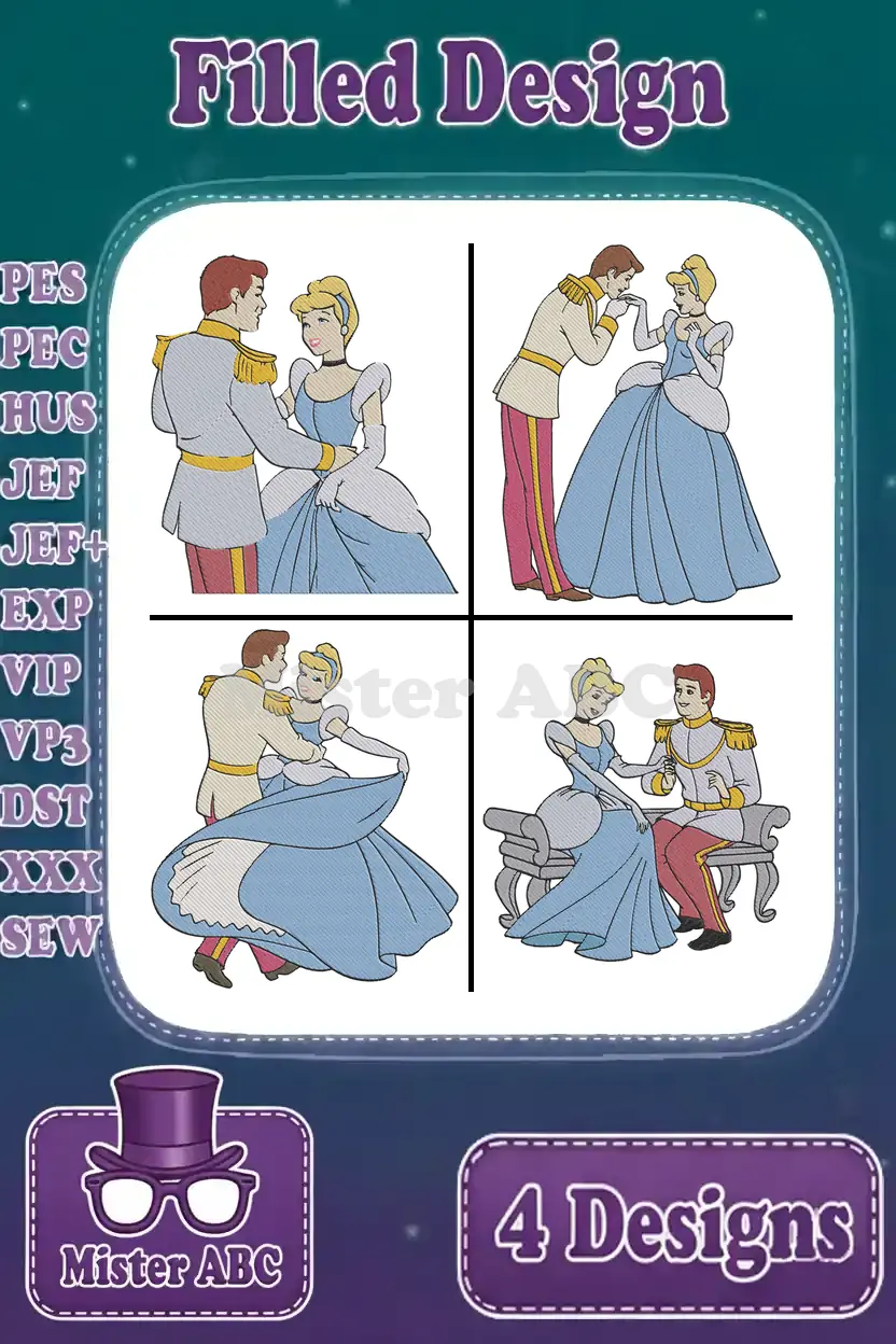 A collage of four filled embroidery designs showing Cinderella and Prince Charming in romantic poses. Formats listed.