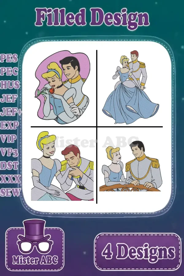 A vibrant collage of four filled embroidery designs featuring Cinderella and Prince Charming in various romantic scenes.