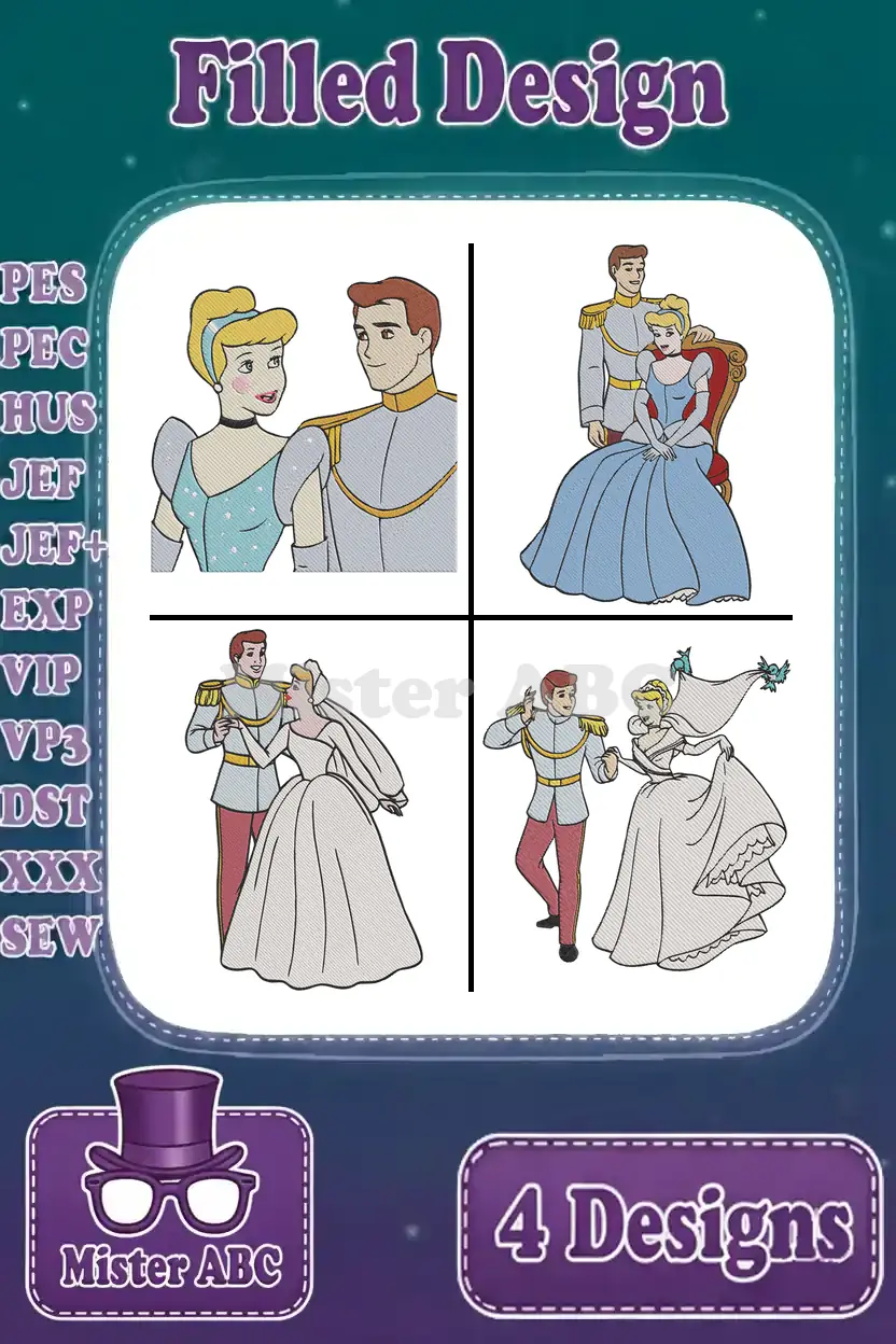 Four enchanting filled embroidery designs of Cinderella and Prince Charming in iconic poses, ready for digital download.