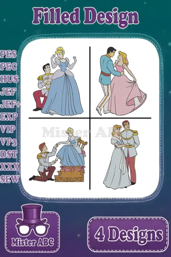 Four charming filled embroidery designs depicting Cinderella and Prince Charming in various romantic poses, showcasing stitch quality.