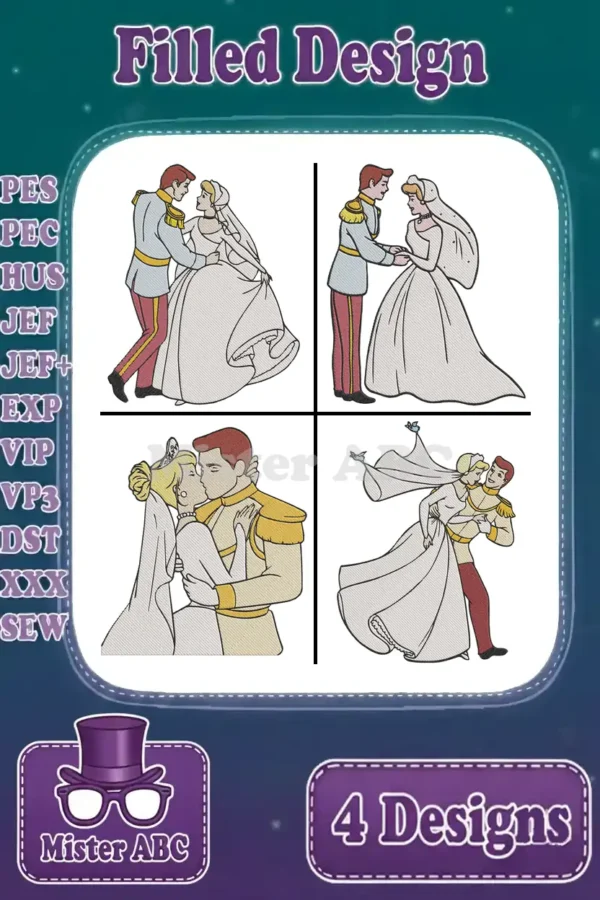 A vibrant main product image displaying four distinct filled embroidery designs of Cinderella and Prince Charming's wedding.