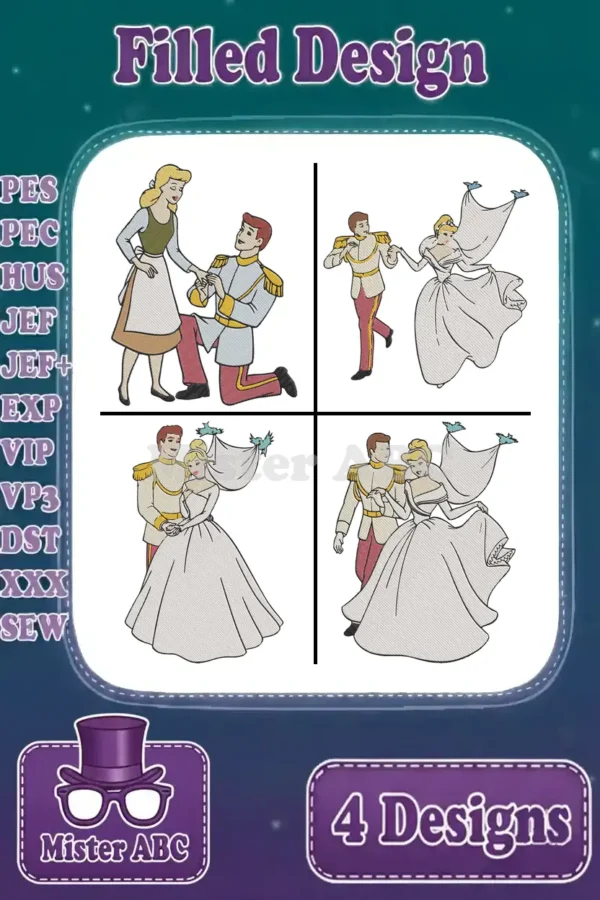 A collection of four filled embroidery designs depicting Cinderella and Prince Charming in various romantic poses.