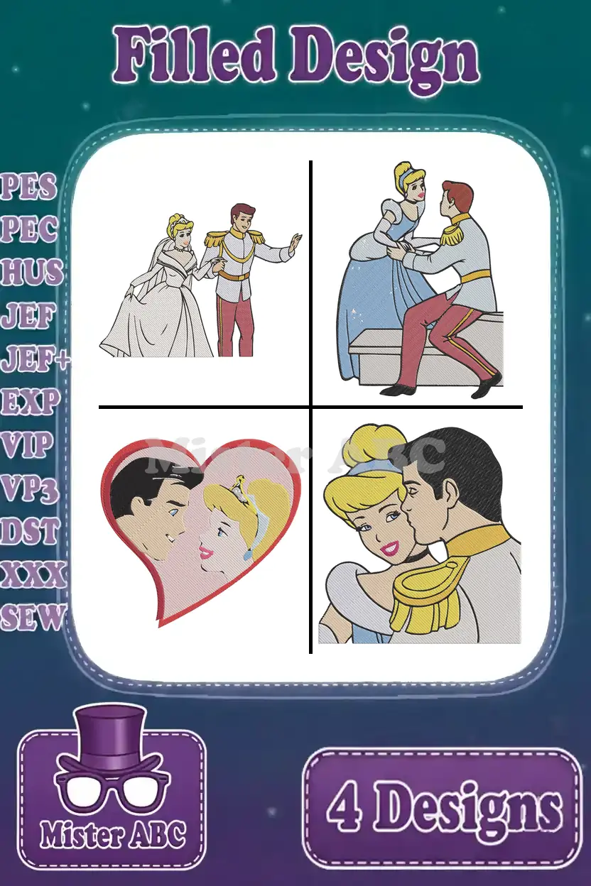 A captivating display of four filled embroidery designs featuring Cinderella and Prince Charming in romantic fairytale poses, ideal for machine embroidery projects.