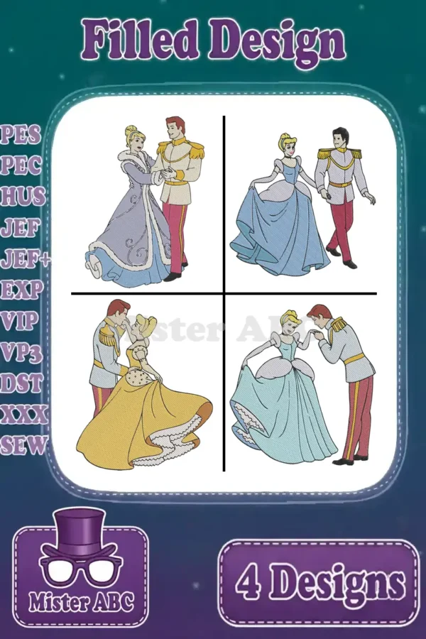 Four vibrant filled embroidery designs featuring Cinderella and Prince Charming in various romantic poses, showcasing delightful fairytale moments.