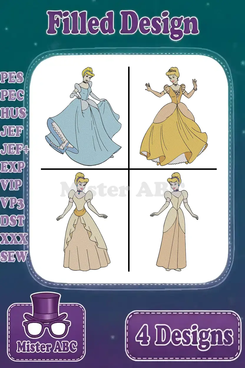 Main product image displaying a bundle of four distinct Cinderella filled embroidery designs, ready for various machine formats.