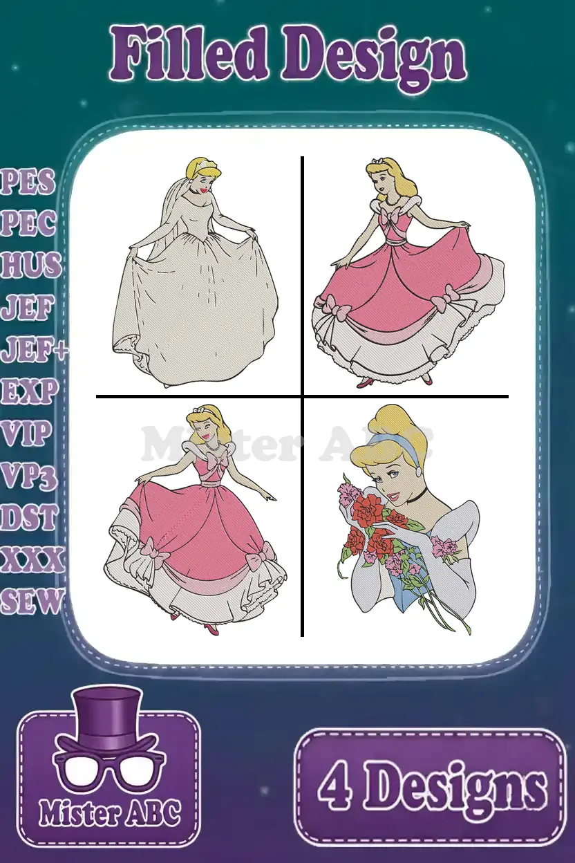 Four enchanting Cinderella filled embroidery designs, including wedding, pink ball gown, and holding flowers, perfect for fairy tale projects.