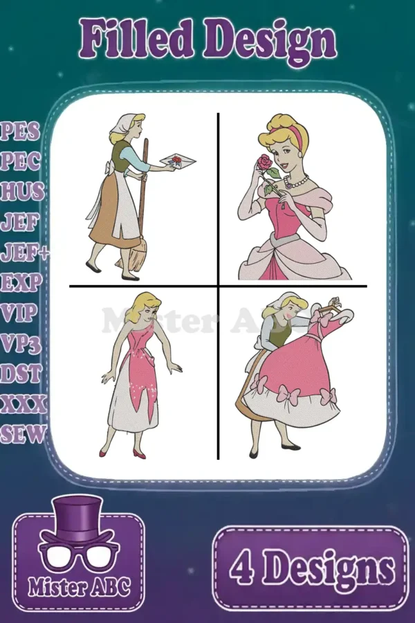 A collage of four unique Cinderella filled embroidery designs, including maid, ball gown, and tattered dress scenes.