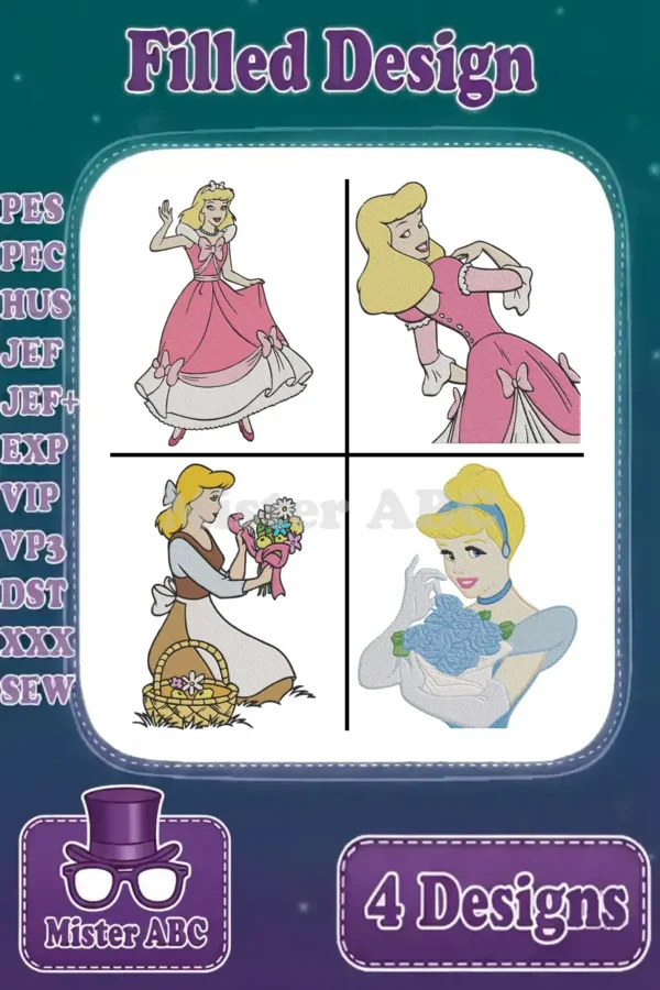 A delightful bundle of four Cinderella embroidery designs, showcasing her in various iconic poses and outfits, including ball gowns and peasant attire.