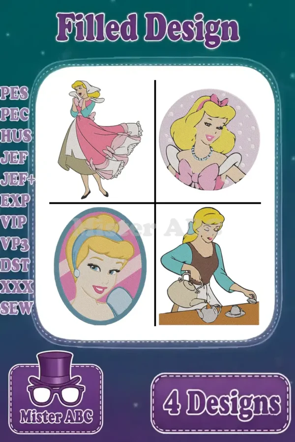 Main product image showing a bundle of four filled embroidery designs: two of Cinderella and two of Aurora.