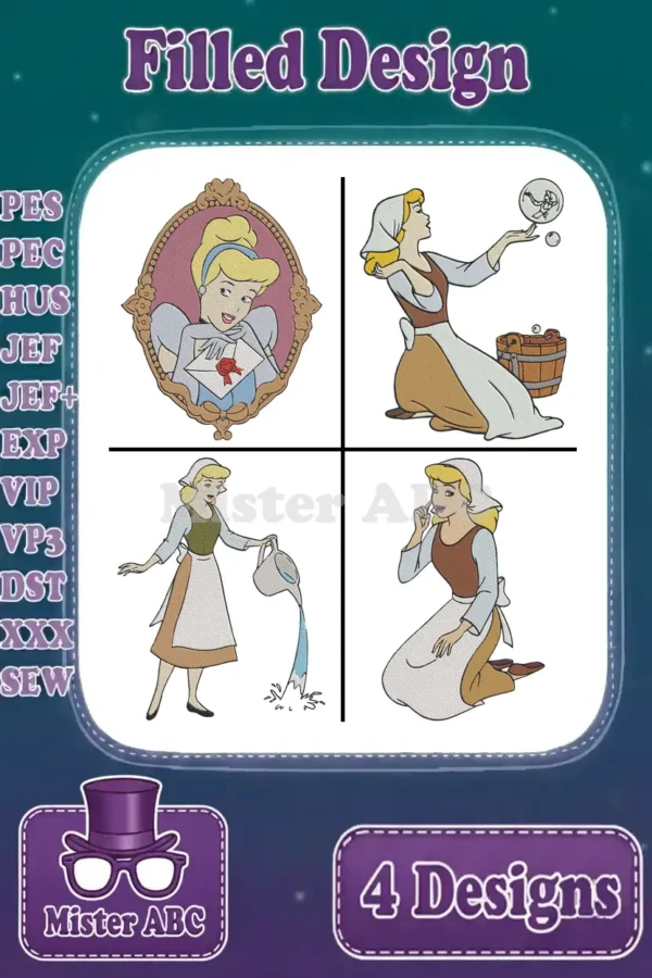 A captivating bundle of four filled Cinderella machine embroidery designs, showcasing her in various humble poses.