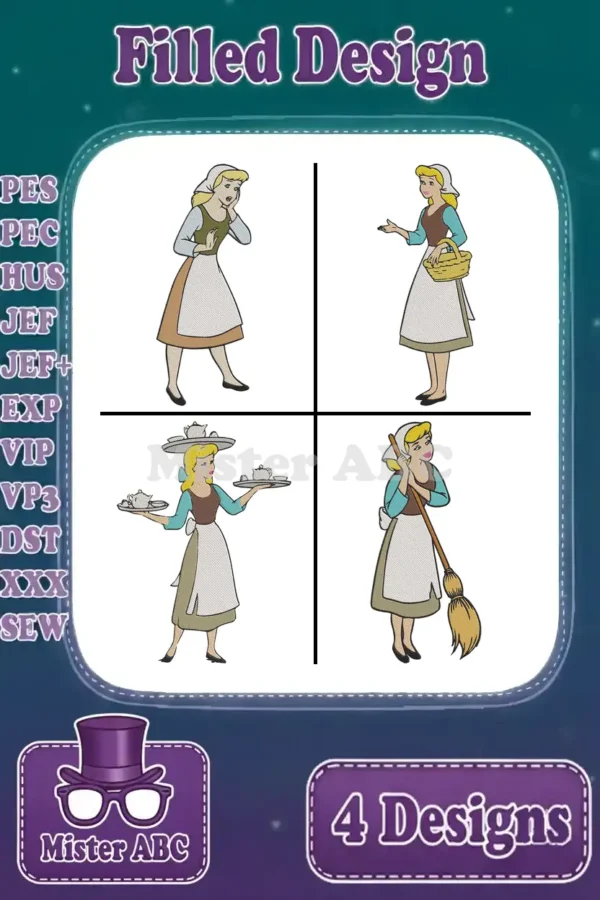 Four detailed filled embroidery designs of Cinderella in her peasant attire, performing chores and looking distressed, ready for stitching.