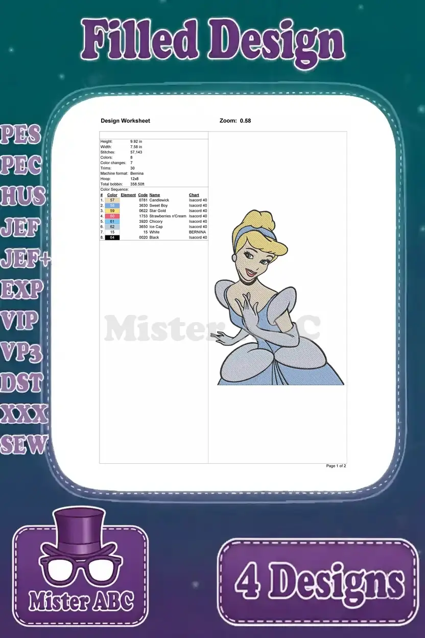 Detailed embroidery design worksheet for a full-body Cinderella pose, showing thread colors, stitch count, dimensions, and sequence.