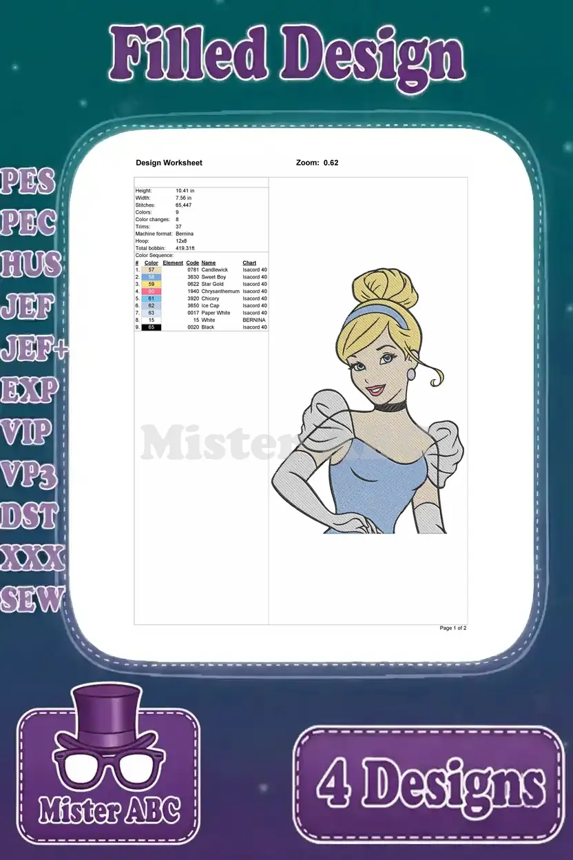Design worksheet for the second Cinderella embroidery pose (upper body), detailing dimensions, stitch count, thread colors, and sequence.