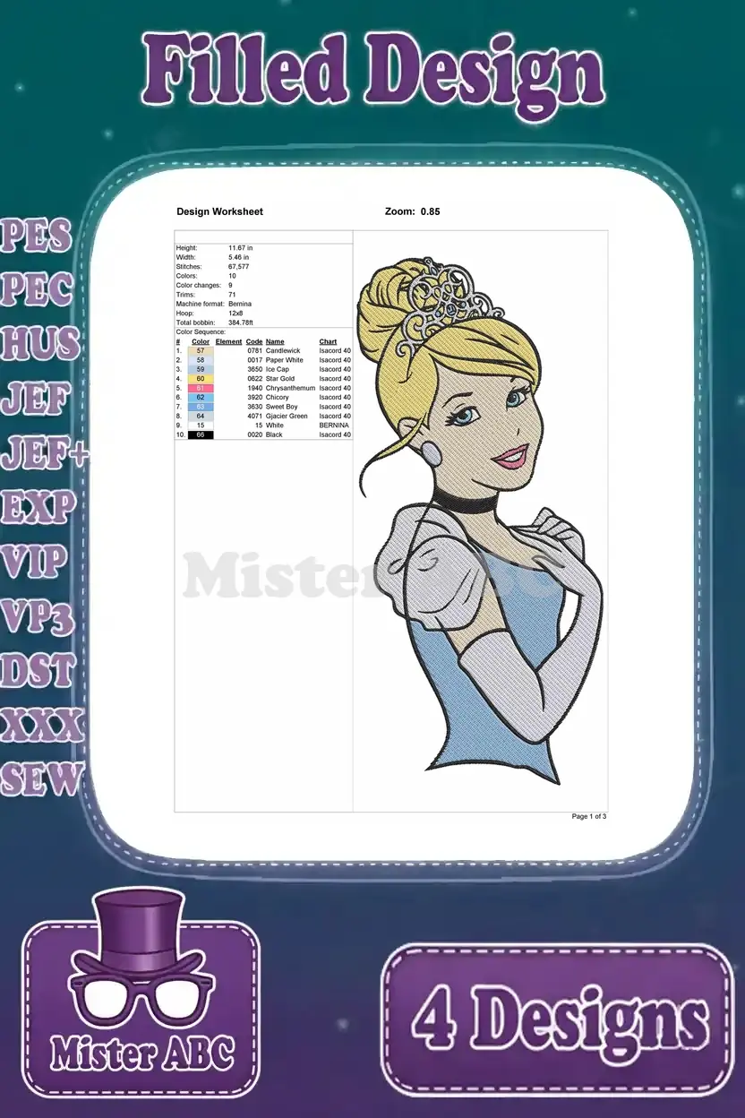 Design worksheet for the third Cinderella embroidery pose (crowned), detailing dimensions, stitch count, thread colors, and sequence.