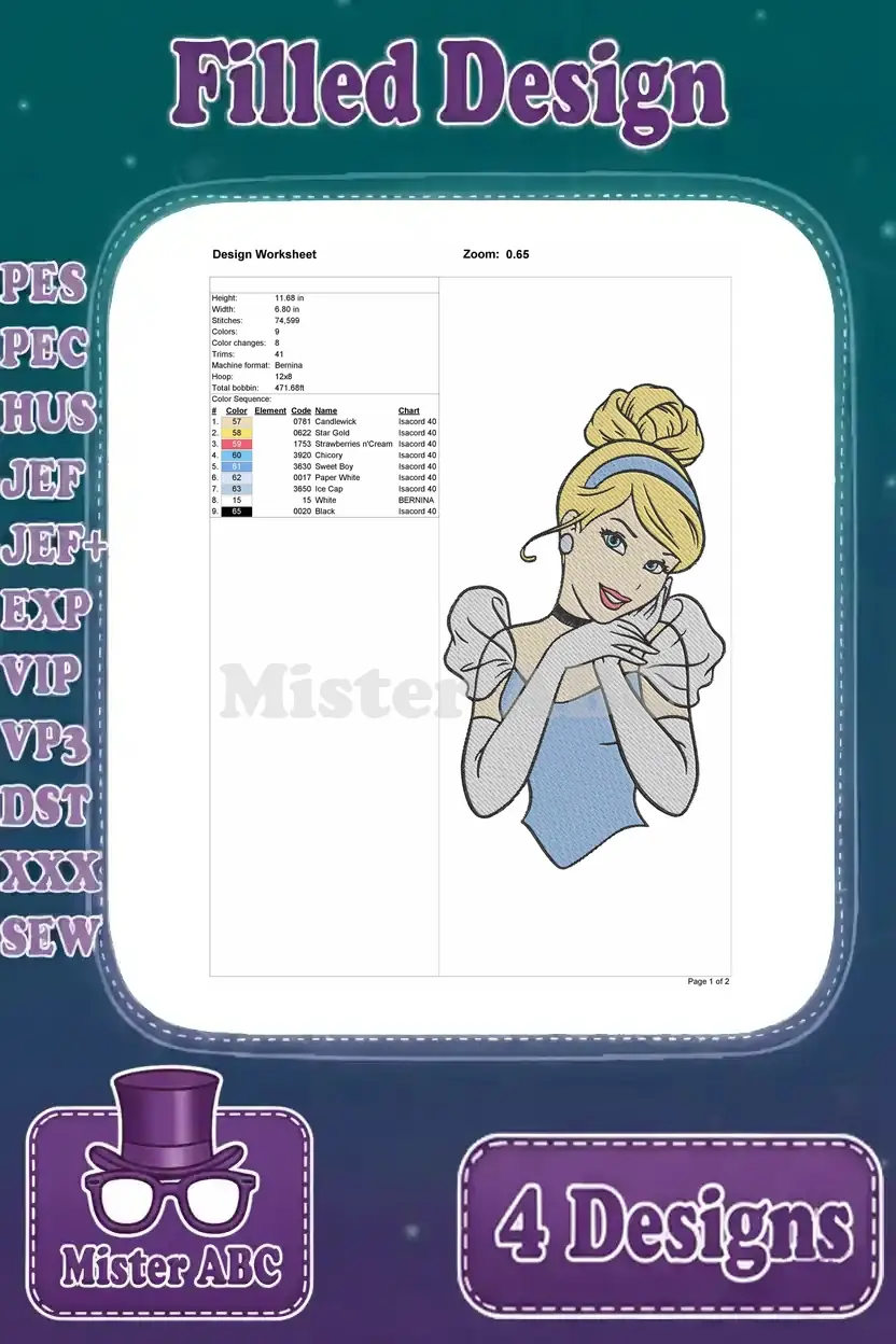 Design worksheet for the fourth Cinderella embroidery pose (hands clasped), detailing dimensions, stitch count, thread colors, and sequence.