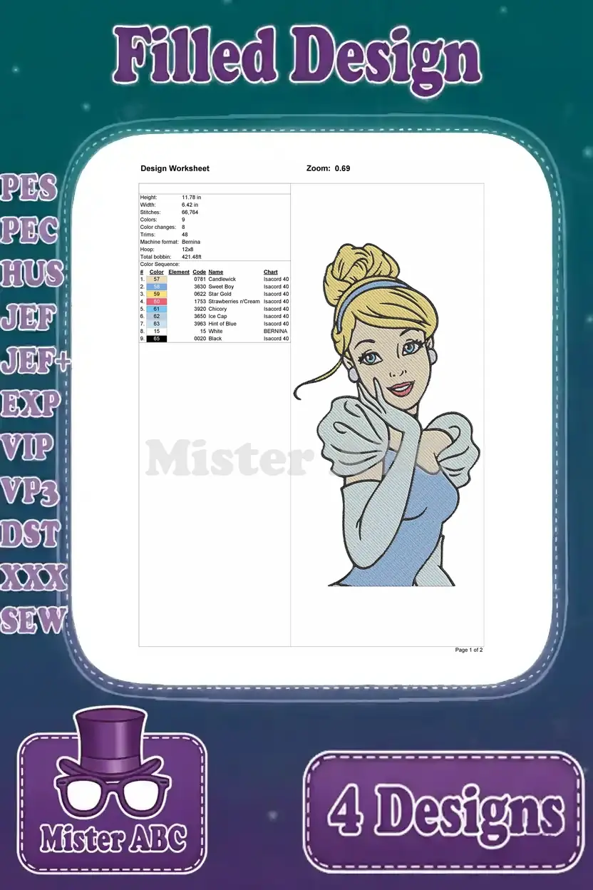 Design worksheet for the first Cinderella embroidery pose, showing stitch count, color sequence, and dimensions for crafting.