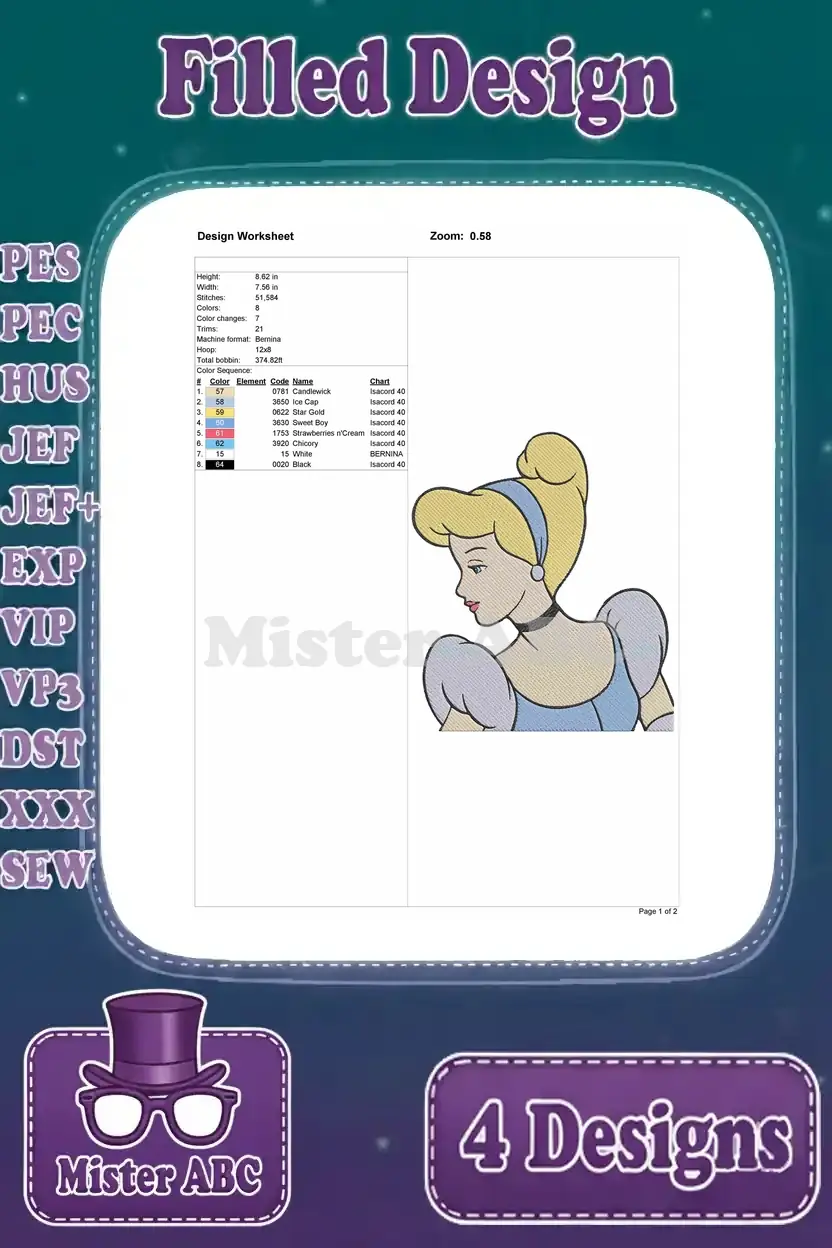 Design worksheet for the second elegant Cinderella embroidery pose, detailing all necessary stitching and color information.