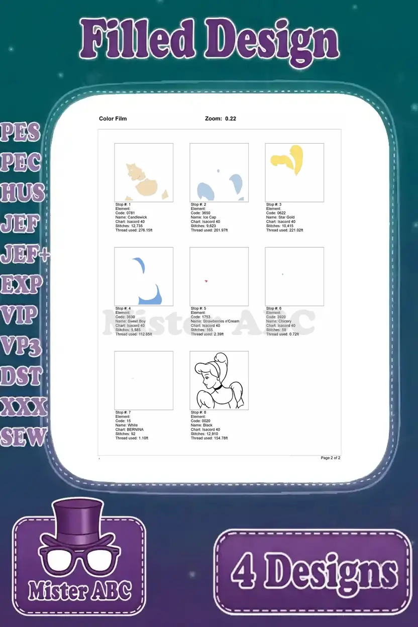 Color film visual guide for the second Cinderella embroidery design, showing the precise layering of thread colors.