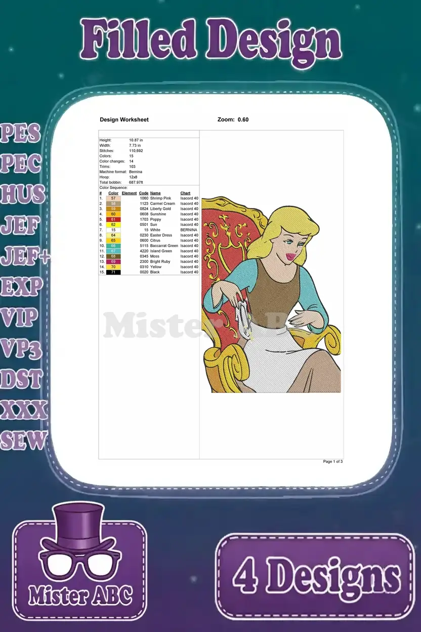 A detailed design worksheet for the first Cinderella embroidery, showing dimensions and color sequence.