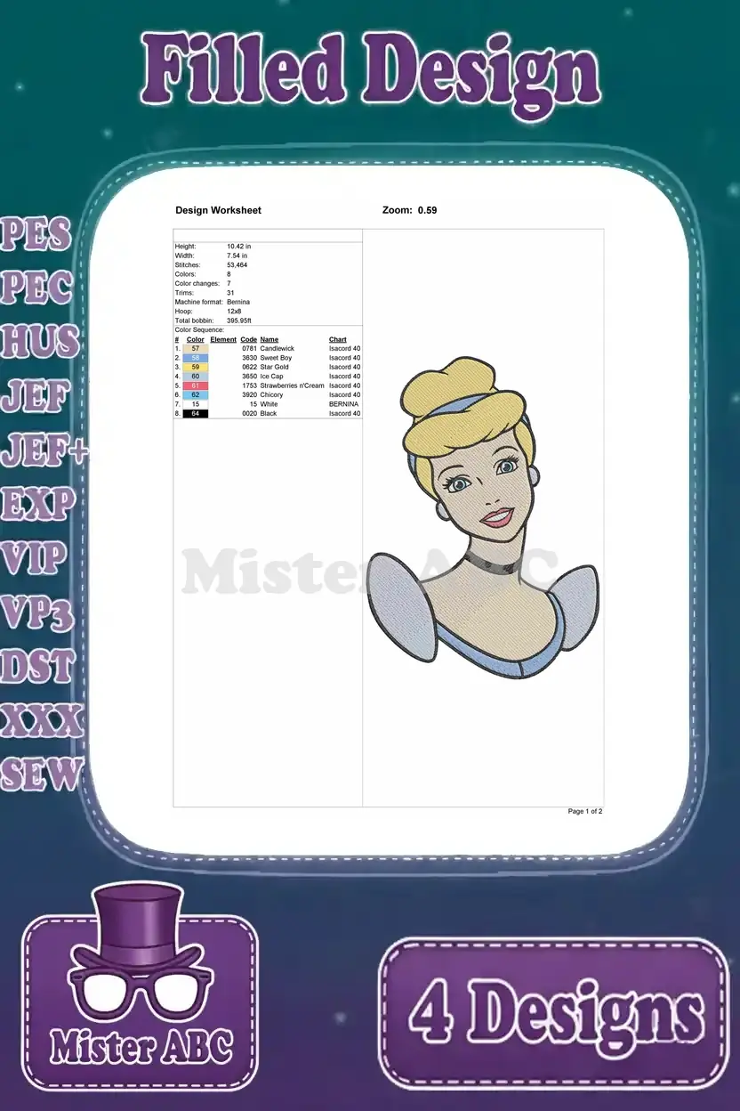 A detailed design worksheet for the second Cinderella embroidery design, showing technical specifications.