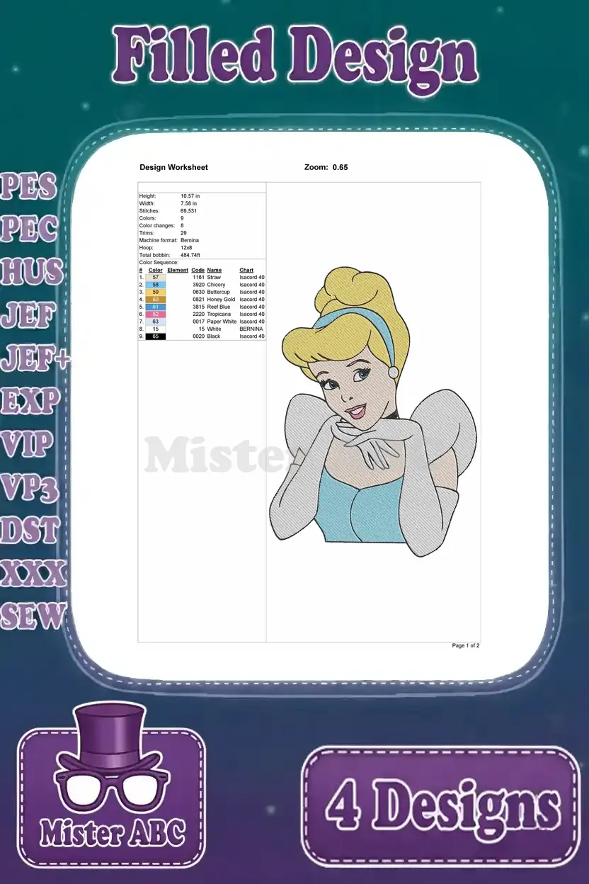 A design worksheet for the third Cinderella embroidery, detailing dimensions, stitch count, and colors.