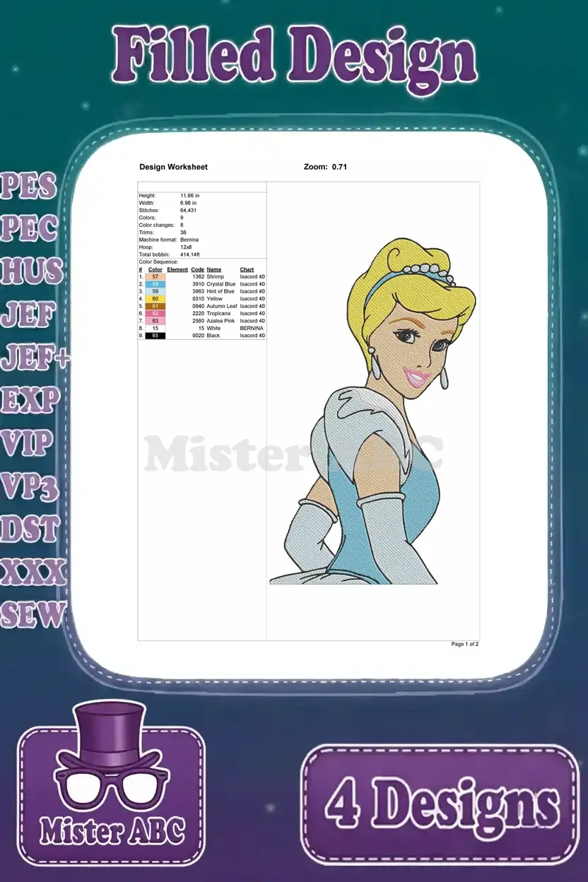 A design worksheet for the fourth Cinderella embroidery, outlining technical details for stitching.