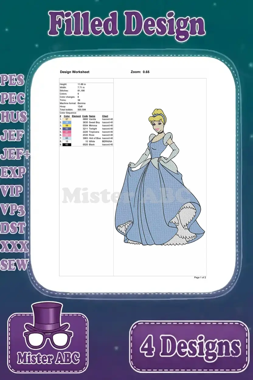 Detailed design worksheet for the first Cinderella embroidery pose, showing stitch count, dimensions, and thread color sequence.
