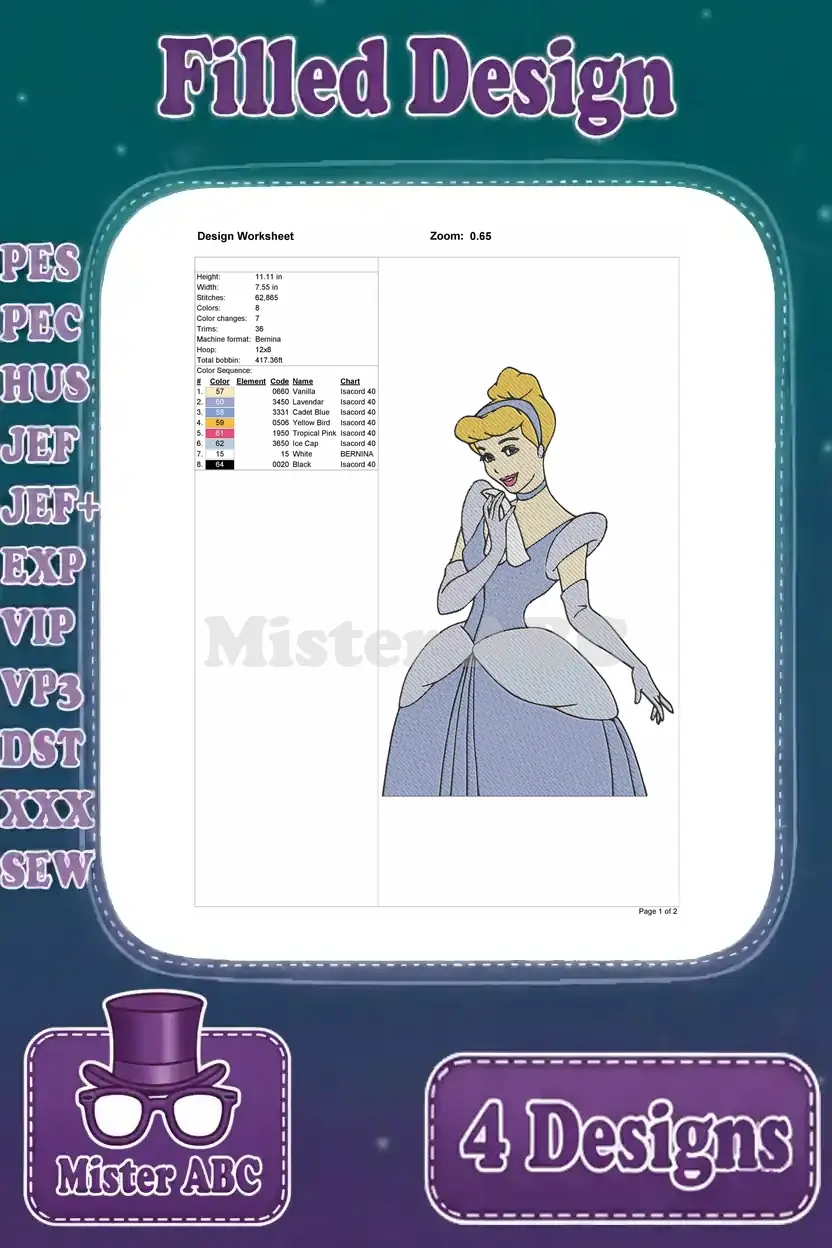 Design worksheet for the second Cinderella embroidery pose, detailing stitch count, dimensions, and thread color sequence.