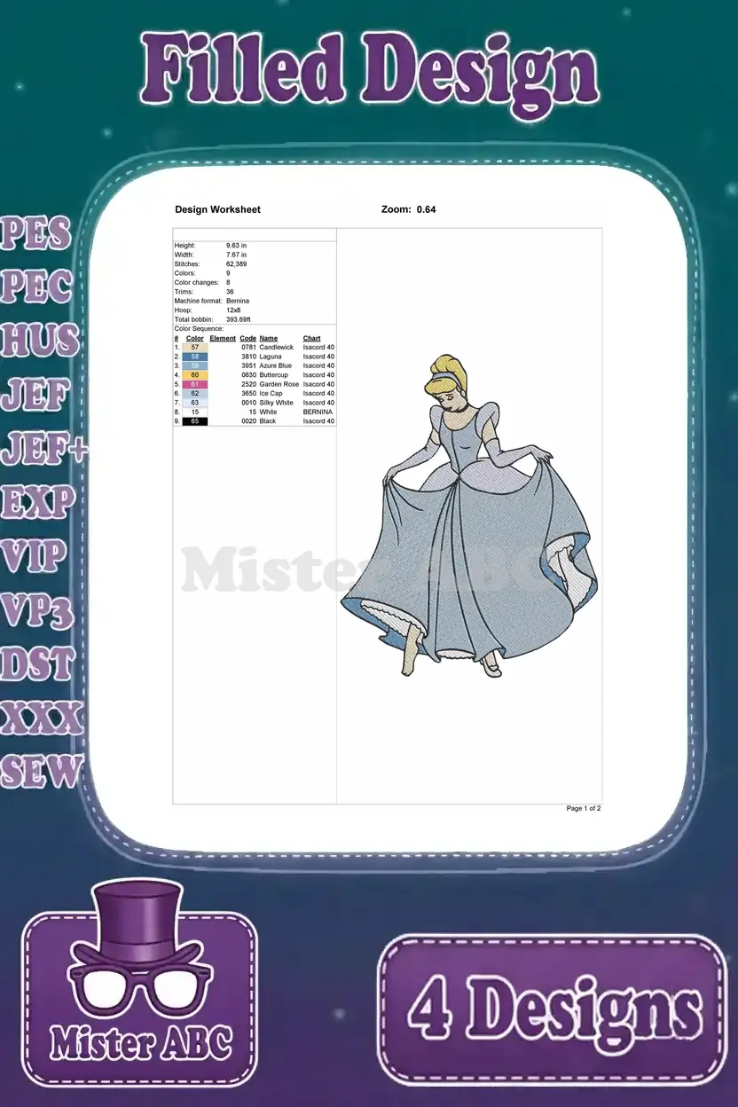 Design worksheet for the third Cinderella embroidery pose, outlining stitch count, dimensions, and thread color sequence.