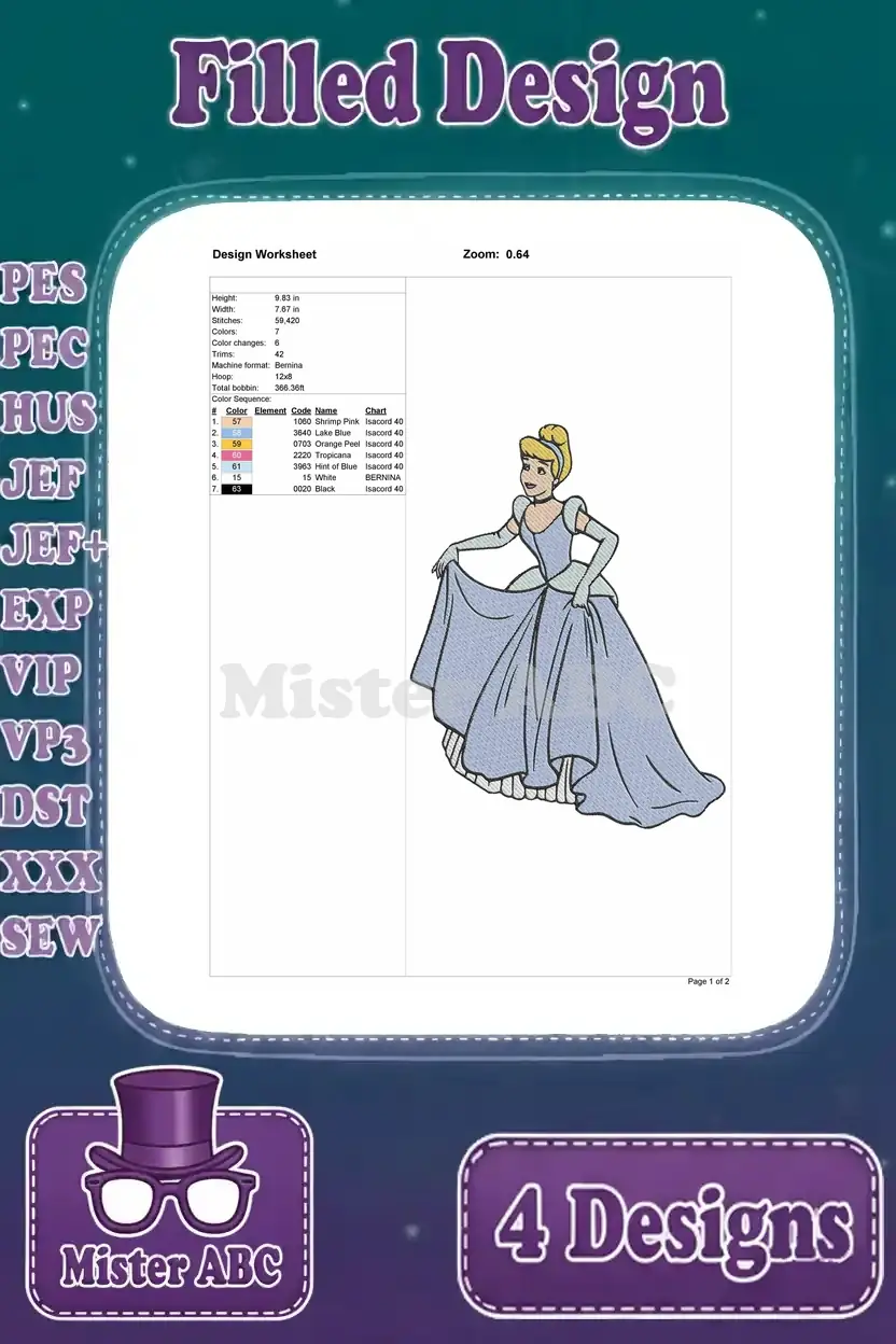 Design worksheet for the fourth Cinderella embroidery pose, detailing stitch count, dimensions, and thread color sequence.