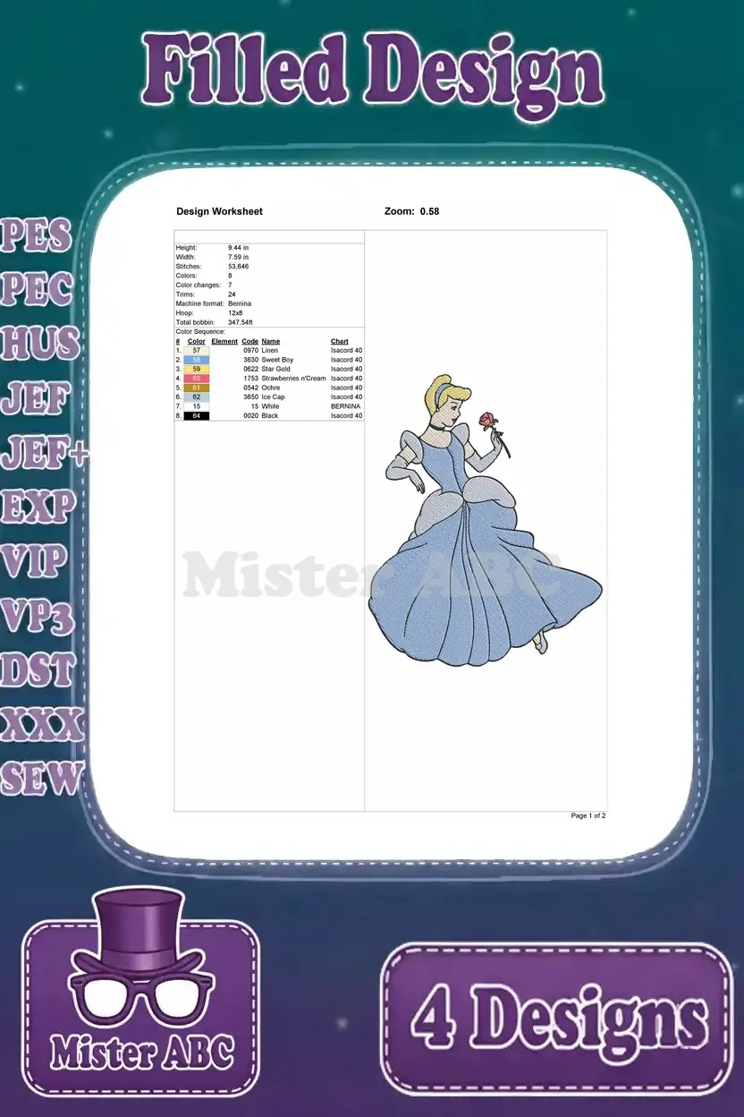 Detailed design worksheet for Cinderella in her blue ball gown, holding a rose, showing stitch count and colors.