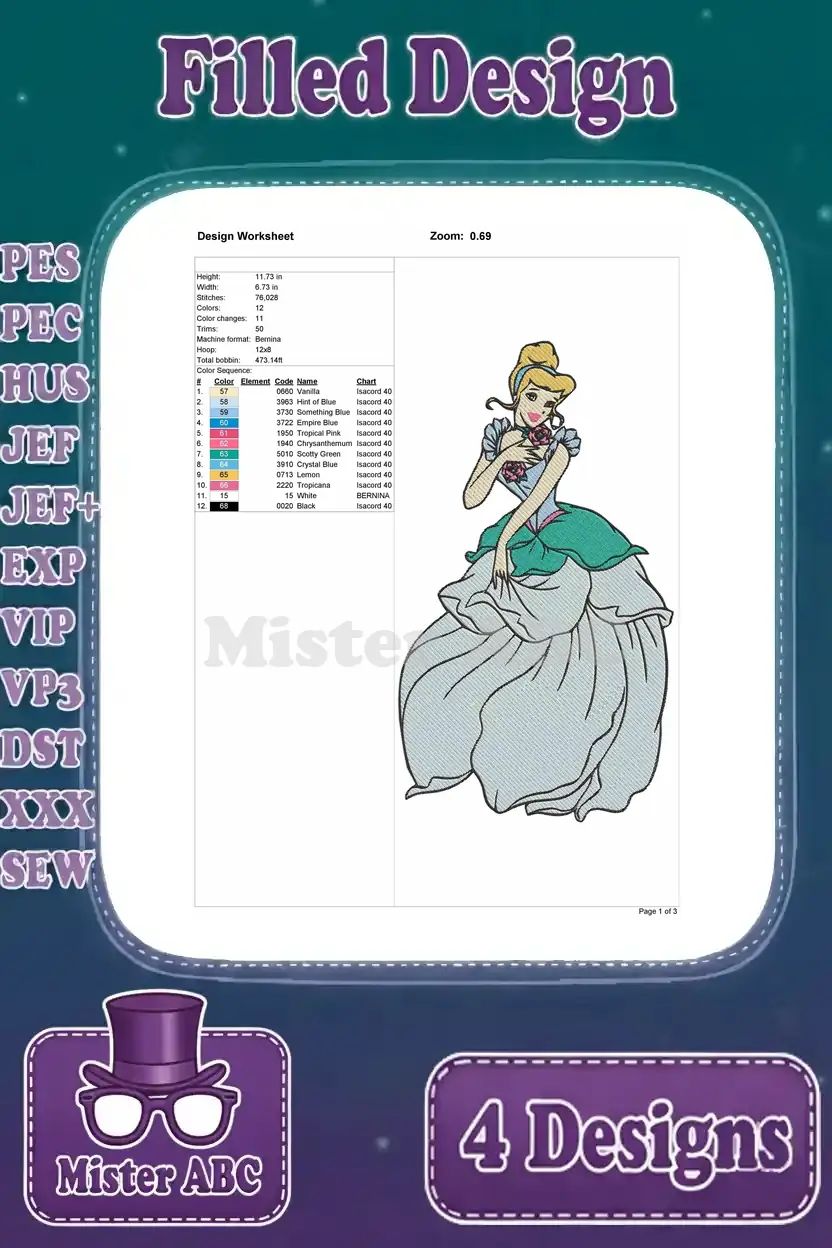 Detailed design worksheet for Cinderella in a mint green and grey ball gown, showing stitch count and colors.