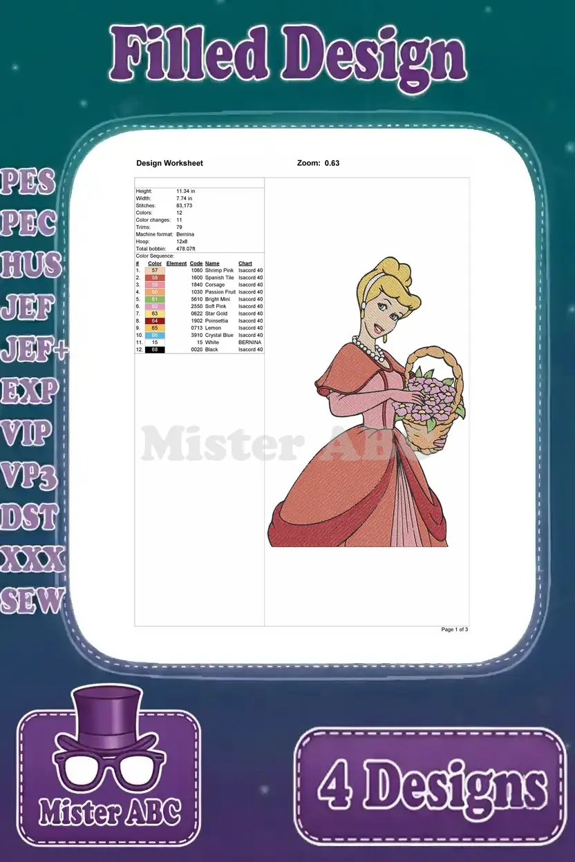 Design worksheet for Cinderella in a peach/red gown holding a flower basket, detailing stitch counts and colors.