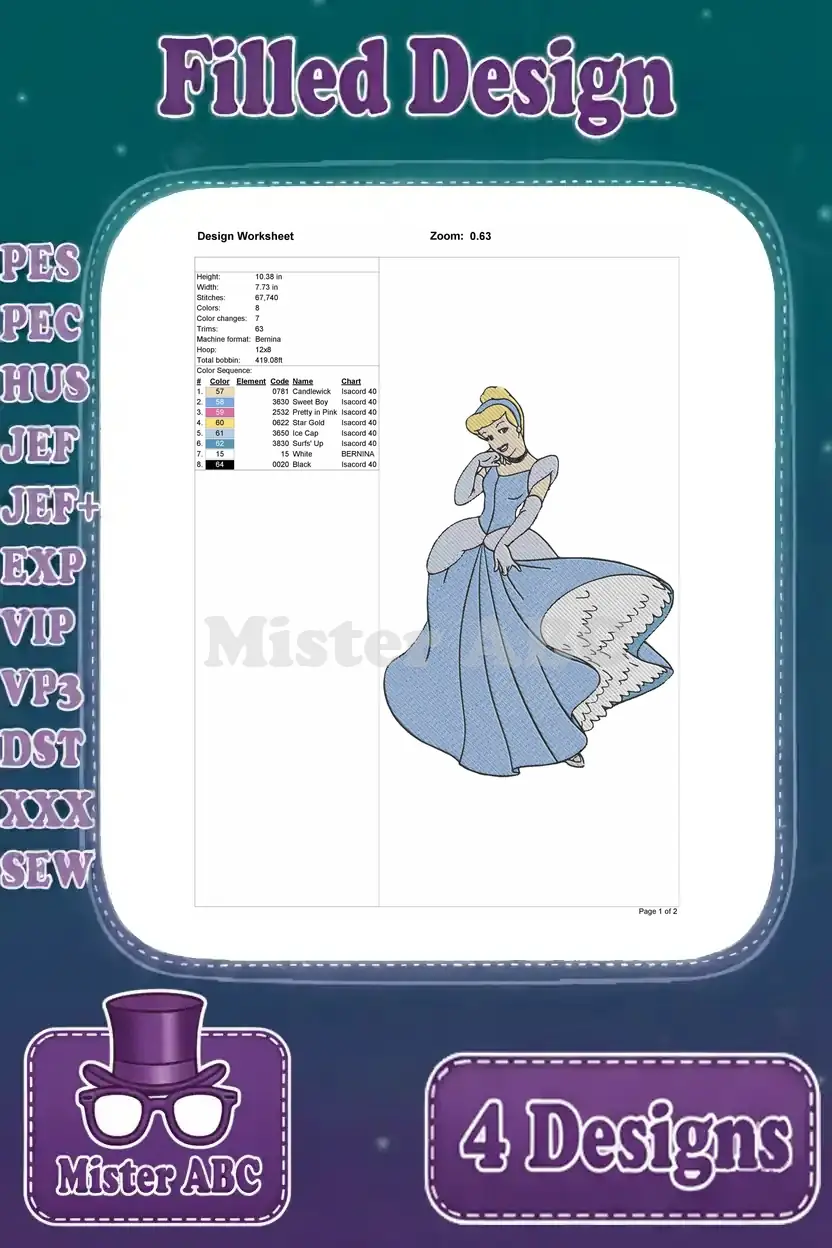 Detailed design worksheet for the first Cinderella full-body embroidery, displaying stitch count, dimensions, and thread colors.