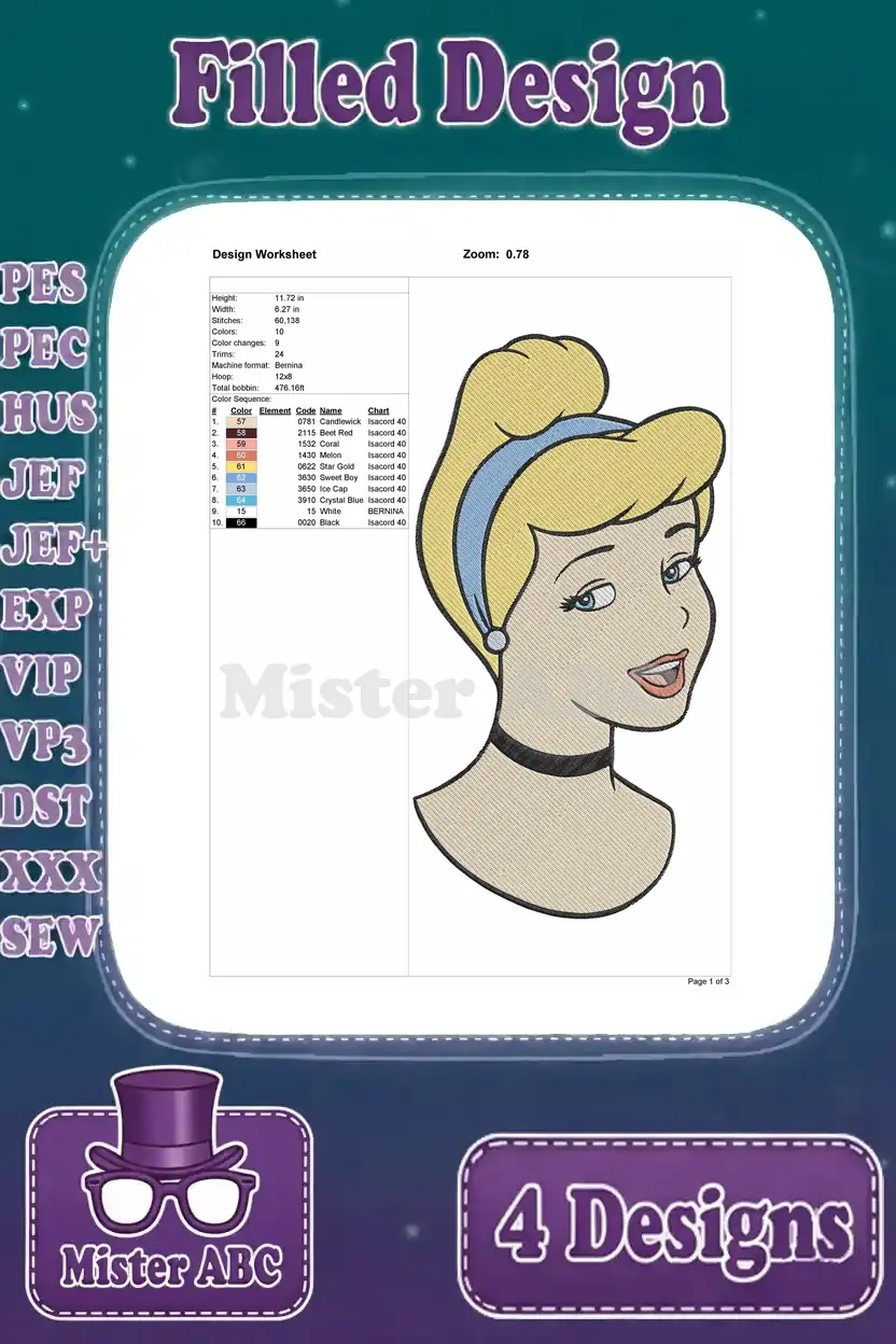 Comprehensive design worksheet for the Cinderella headshot embroidery, detailing stitch count, dimensions, and thread palette.