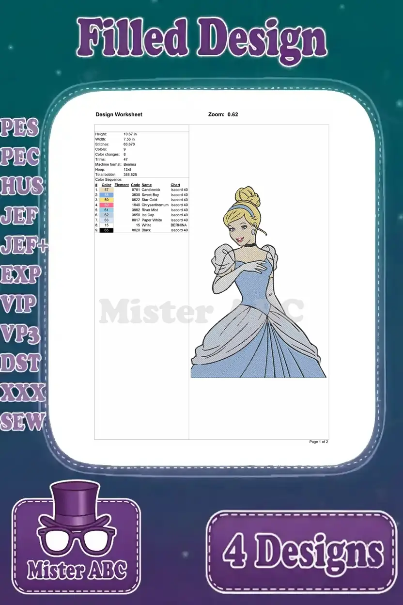 Detailed design worksheet for the third Cinderella full-body embroidery, showing all technical stitch data and colors.