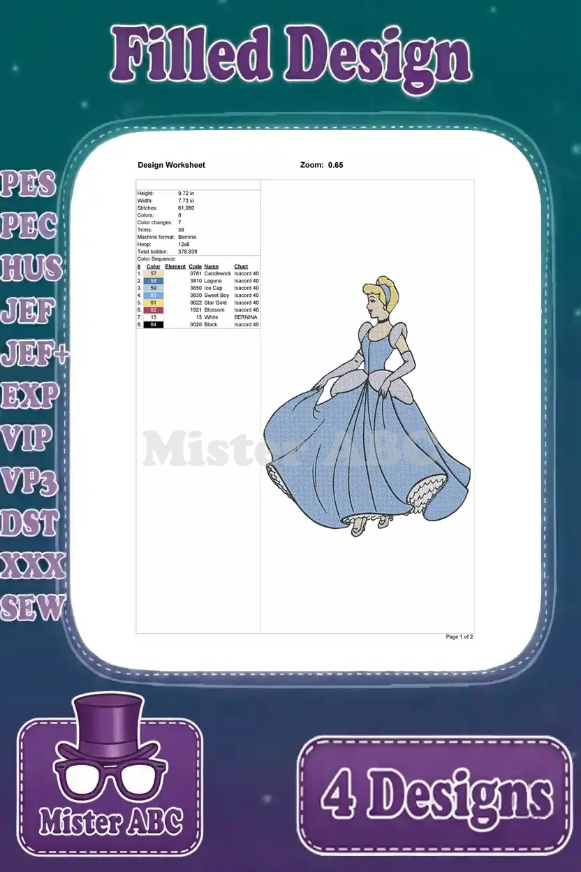 Comprehensive design worksheet for the fourth Cinderella full-body design, detailing stitch count, size, and colors.
